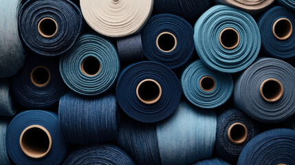 Fototapeta premium Stacked rolls of blue and beige denim fabric with visible texture, forming a pattern. Various shades of blue create a visually appealing arrangement.