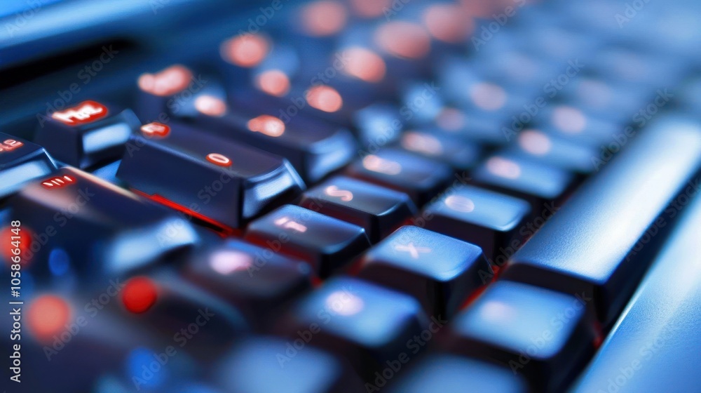 Wall mural a close-up of a black computer keyboard with red and blue lighting.