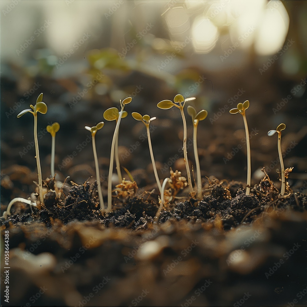 Poster close-up of small seeds in soil, sprouting delicate roots and leaves, symbolizing thoughts growing i