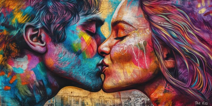 Mural of "The Kiss" by Kobra on Manhattan&rsquo;s West Side, New York City, capturing vibrant street art.