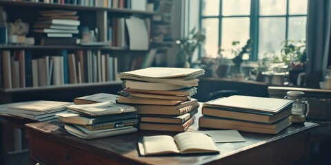 Textbooks and stationery arranged on a study desk for learning and organization.