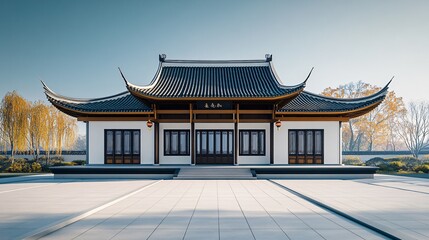 Obraz premium Traditional Chinese Anhui Hui-style Architecture with White Background, Platform, Roads, Parking Lots, and Brick Pavements for Car Advertisement Background