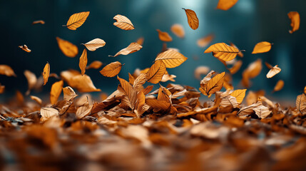 Autumn leaves swirling in the air, capturing movement and the essence of fall with vibrant orange and brown foliage against a blurred background.