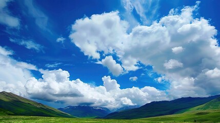 Obraz premium The allure of a landscape filled with the beauty of blue sky, fluffy white clouds, majestic high mountains, and vibrant green plants. Generative AI