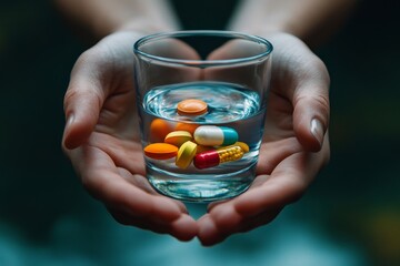 Healthcare Harmony: Close-Up Hands Holding Medication and Water Glass for Optimal Wellness, Pharmaceutical Treatment and mental health treatment, Generative AI