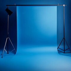 Modern, minimalist blue photography studio with empty product display platform and spotlight setup, ideal for clean, vibrant product showcases