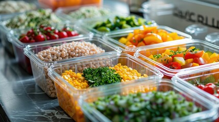 Obraz premium Vibrant Meal Prep Featuring Fresh Vegetables, Nutritious Grains, and Lean Proteins in Clear Plastic Containers, Representing Thoughtful Diet Planning and Health-Conscious Portion Control for Balanced 
