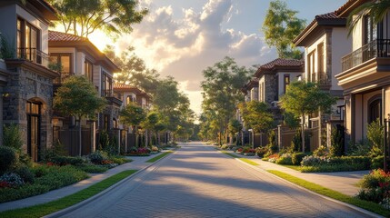 Serene suburban street lined with elegant homes and greenery.