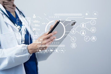 Doctor using clipboard and digital tablet find information patient medical history. Medical technology concept.