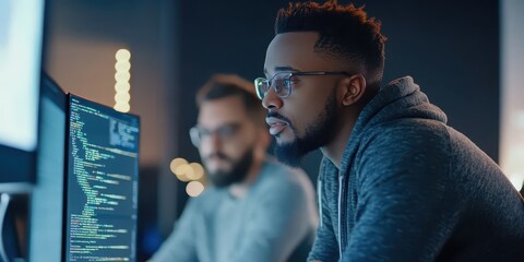 Web developers collaborating on a computer in an office