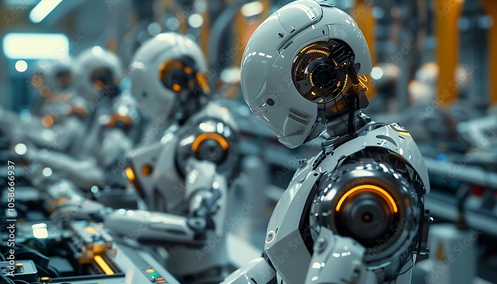 Poster A futuristic assembly line featuring humanoid robots engaged in precise tasks, showcasing advanced technology and automation in a manufacturing setting.