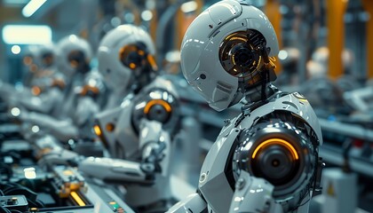 Fototapeta premium A futuristic assembly line featuring humanoid robots engaged in precise tasks, showcasing advanced technology and automation in a manufacturing setting.