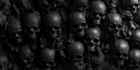 Black-and-white stacked human skulls representing historical genocide.