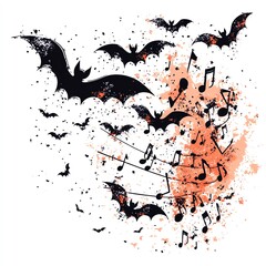 Obraz premium cute bats flying around musical notes of spooky music, cartoonish style, soft lines, pastel tones, fun and eerie Halloween atmosphere
