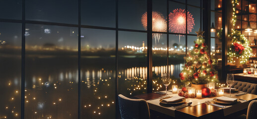 Obraz premium Christmas decorated restaurant interior with waterfront cityscape view and night fireworks. Elegant holiday dining and celebration concept ideal for festive event and seasonal ambiance designs,