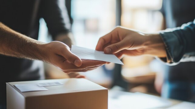 A person's hand reaches out to accept a white envelope from another person's hand.