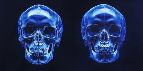 High-quality X-ray images of a normal human skull, front and side views in blue tone on black.