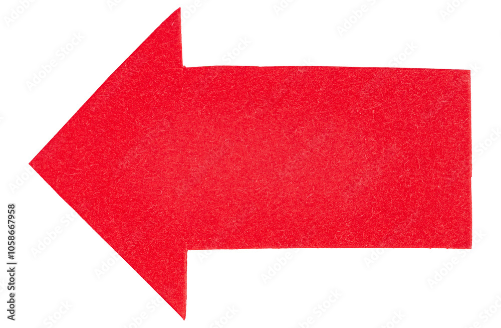 Poster Red paper cardboard arrow symbol pointing left direction sign isolated on transparent background with copy space for text