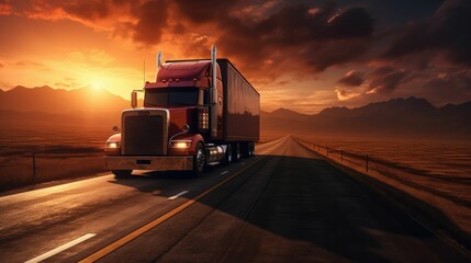 Red semi-truck driving on desert highway at sunset.