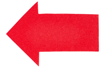 Red paper cardboard arrow symbol pointing left direction sign isolated on transparent background with copy space for text