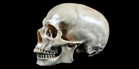 Human skull on a dark background, minimalist and detailed, ideal for artistic or educational use.