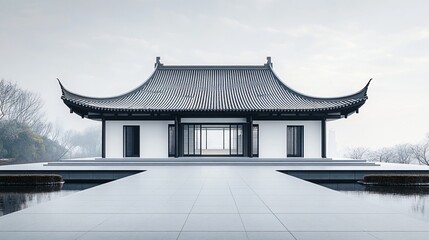 Fototapeta premium Traditional Chinese Anhui Hui-style Architecture with White Background, Platform, Roads, Parking Lots, and Brick Pavements for Car Advertisement Background