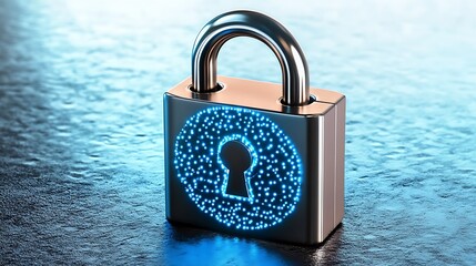 Closeup shot of an intricate digital lock system with glowing blue LEDs, showcasing advanced encryption and safeguarding concepts in modern security technology.