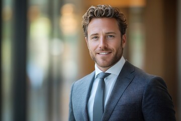 Fototapeta premium Confident Businessman Smiling in Grey Suit in Office Setting