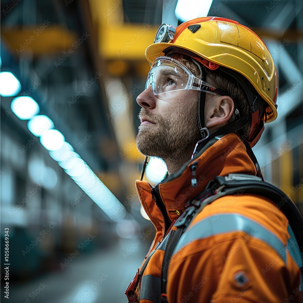 Poster a worker wearing a harness and helmet in an industrial setting, emphasizing the importance of protec