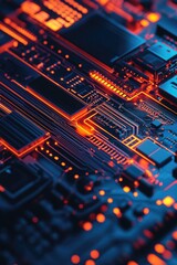 Fototapeta premium Red light on a circuit board highlighting the complexity of modern electronic technology