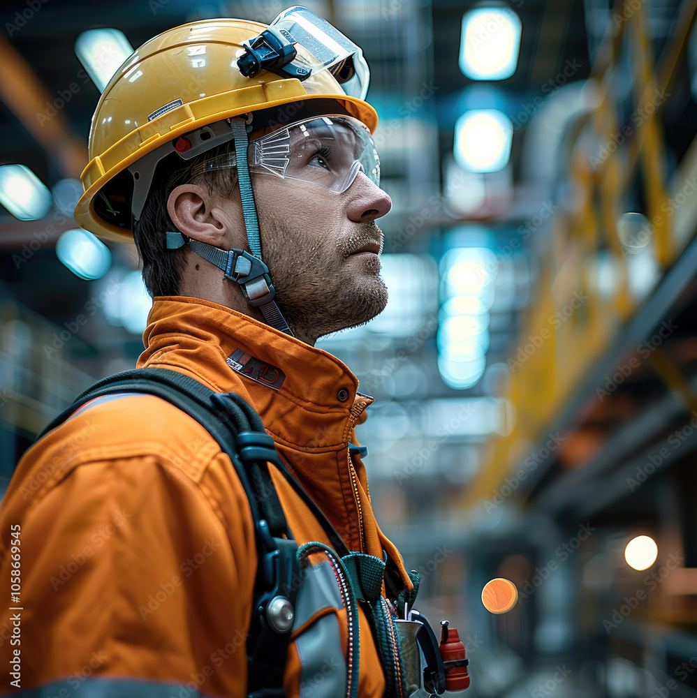 Aufkleber a worker wearing a harness and helmet in an industrial setting, emphasizing the importance of protec