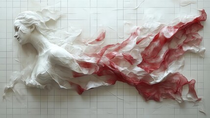 crumpled american flag partially covering a grid-like white background, creating a unique juxtaposition of patriotic imagery and contemporary design, rich in symbolism and texture