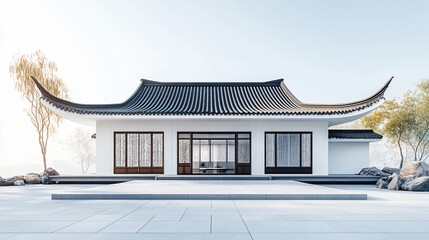 Obraz premium Traditional Chinese Anhui Hui-style Architecture with White Background, Platform, Roads, Parking Lots, and Brick Pavements for Car Advertisement Background