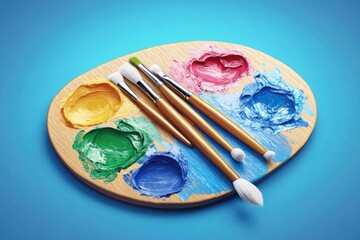 Obraz premium A wooden palette with various brushes and paints ready for an artistic session. Painting utensils on a bright background.