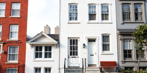 Obraz premium Close up of townhouse facade with bench, cityscape, facade, architecture