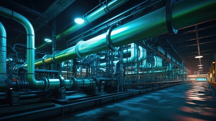 Industrial pipes and machinery in a dark room.