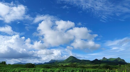 The allure of a landscape filled with the beauty of blue sky, fluffy white clouds, majestic high mountains, and vibrant green plants. Generative AI