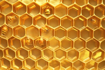Up close view of golden honeycomb filled with active bees.