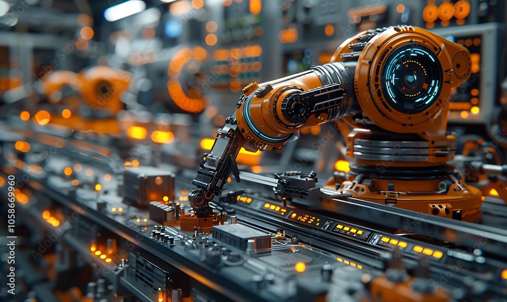 Poster a futuristic robotic arm operates in a high-tech environment, featuring orange lights and intricate 