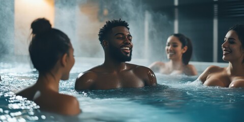Diverse group enjoying contrast therapy with a cold plunge and sauna in a modern wellness facility.