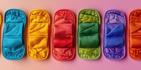 Set of colorful reusable fabric menstrual pads promoting zero-waste and eco-friendly period products.