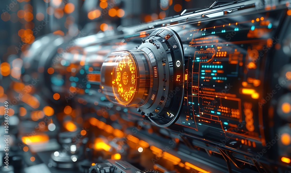 Poster a futuristic close-up view of a circuit board featuring glowing orange elements, showcasing technolo