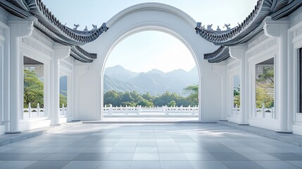 Obraz premium Traditional Chinese Anhui Hui-style Architecture with White Background, Platform, Roads, Parking Lots, and Brick Pavements for Car Advertisement Background