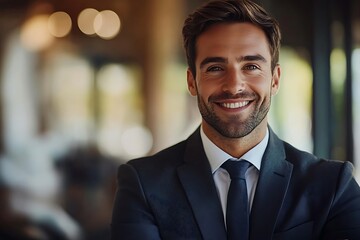 Confident Businessman Smiling in Office Setting with Blurred Background
