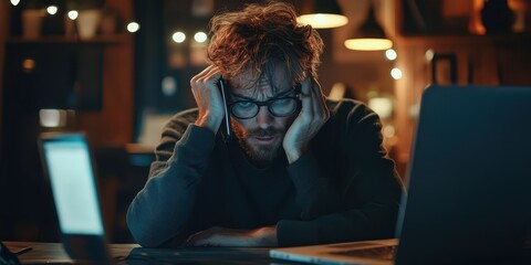 Frustrated man working on phone and laptop, depicting technical issues and office stress.