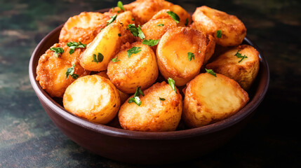 Bowl of golden roasted potatoes garnished with fresh parsley on a dark background