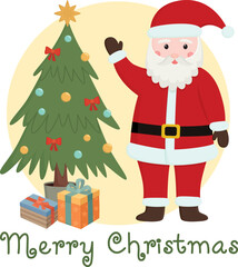 Santa and Christmas tree with presents boxes. Hand drawn holiday concept for card and other graphic design	