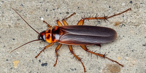 Close-up of a dead cockroach on an urban surface, representing pest issues in city environments.