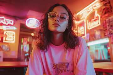 Obraz premium A young woman in glasses poses confidently in a neon-lit diner, capturing a vibrant moment at night in a lively urban setting