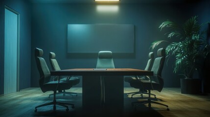 An empty meeting room with a large whiteboard, wooden table, and chairs.